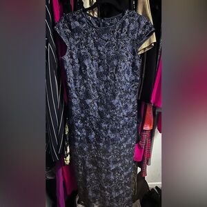 MARINA Navy Floral Lace Midi Dress with silver lining